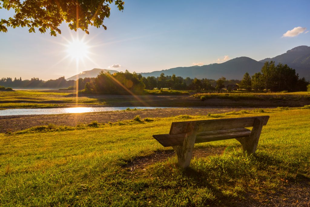 beautiful summer landscape on the sunny morning with the bench on foreground, germany
